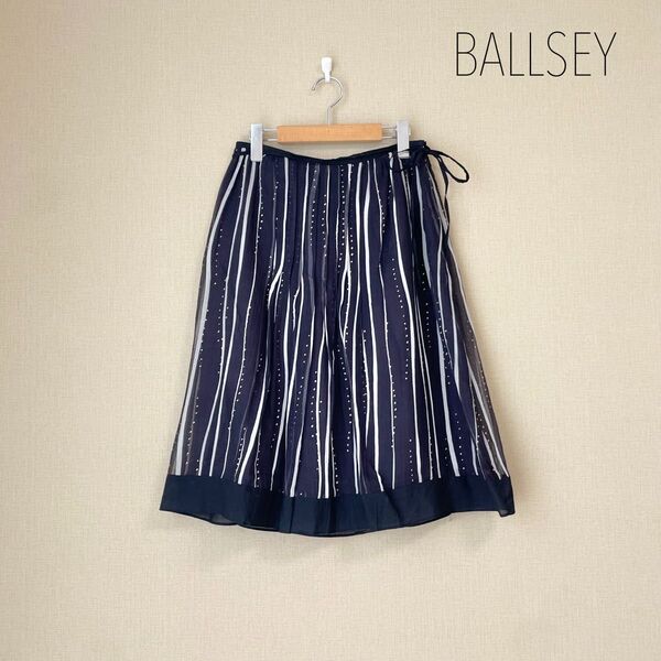 BALLSEY シアーひざ丈スカート 綿 シルク 総柄 透け感 ブラック 38 M