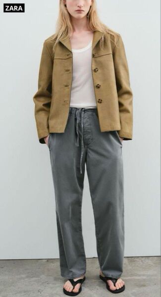 【ZARA】ザラ ZWコレクション ドローストリングパンツ ブルー/グレー フリーサイズ ウエスト紐 ギャザー ワイド カジュアル