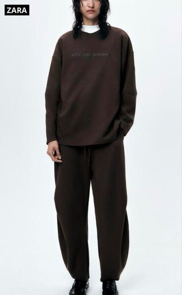 【ZARA】ザラ レリーフテキスト スウェットシャツ コットン S (フリーサイズ) ブラウン 長袖トレーナー ジャージ トップス