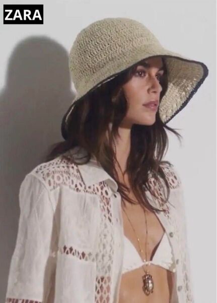 【ZARA】コントラスト ウーブン バケットハット ライトベージュ