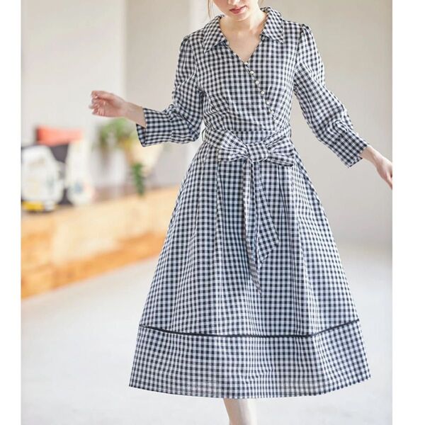 新品未使用 tocco closet ギンガムチェックカシュクールシャツワンピース リボン 大人可愛い 春