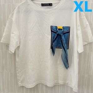 【大きいサイズXL】未使用保管品 LVENZSE ホワイト Tシャツ 胸スカーフ付 綿100% 半袖Tシャツ 白