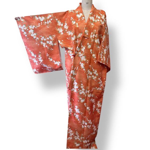 着物 新品 しつけ糸つき 長め 花柄 リメイク用