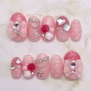 ネイルチップ オーダーページ リボンネイル バラネイル 薔薇ネイル ローズネイル ストーンネイル 推しネイル 推し色ネイル