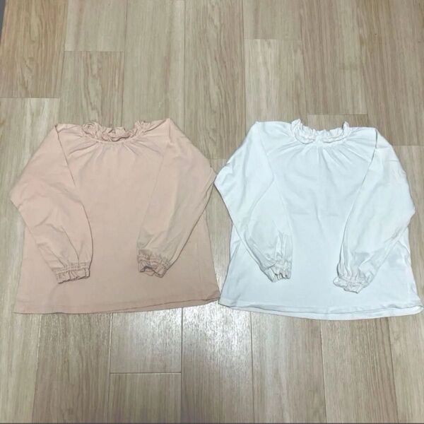 ユニクロ 120 スムースコットンフリルTシャツ 長袖 ロンT ピンク 白