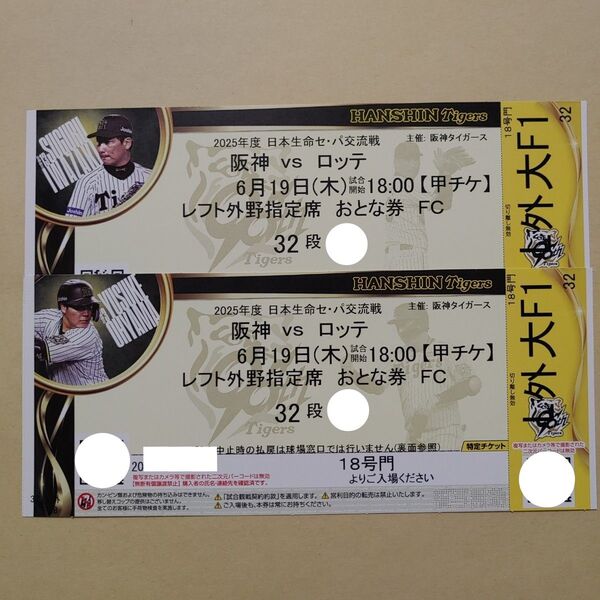 6月19日 阪神タイガース ロッテ 甲子園 レフト 2枚 グッズ付き