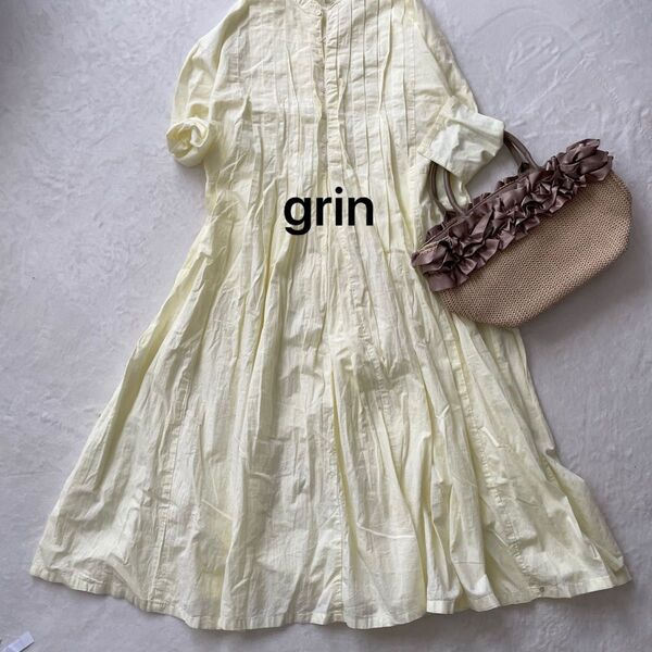 grin グリン シャツワンピース プリーツ 黄色 リネンブレンド 日本製 ロングワンピース 長袖ワンピース イエロー
