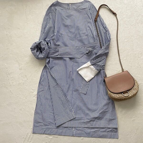 マカフィー ロングシャツ ストライプシャツ ベルト付き Sサイズ 大人可愛い 洗える 長袖