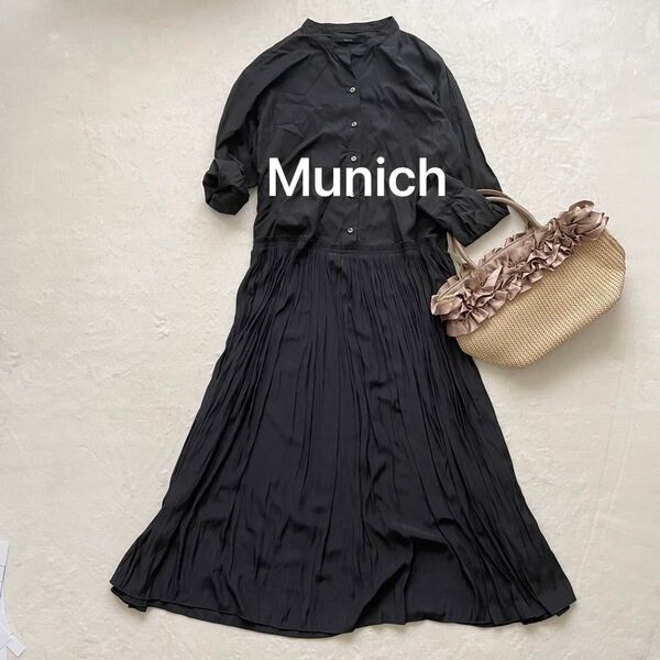 Munich ミューニック ロングワンピース ブラック 日本製 プリーツ F ワンピース ロング シャツワンピース ドッキング