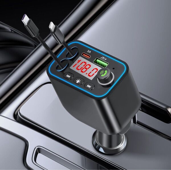 4in1 車 充電器 シガーソケット 4台同時充電 カーチャージャー 巻き取り式 Type-C 電圧計DC12/24V車対応