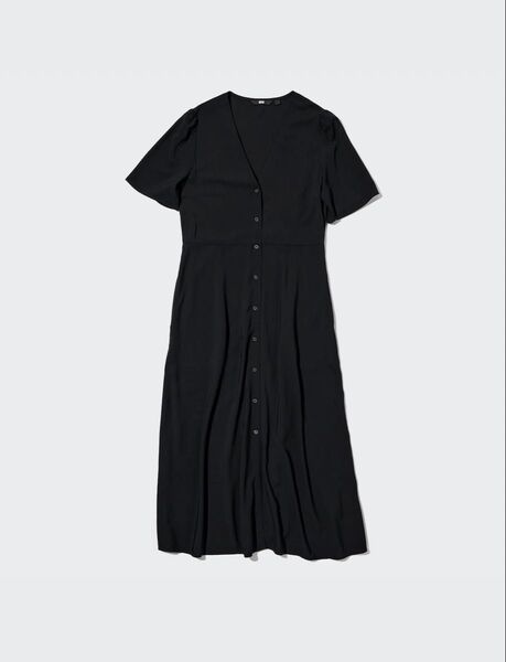 【試着のみ・超美品】ユニクロ★半袖Vネックフレアワンピース L・ブラック 黒