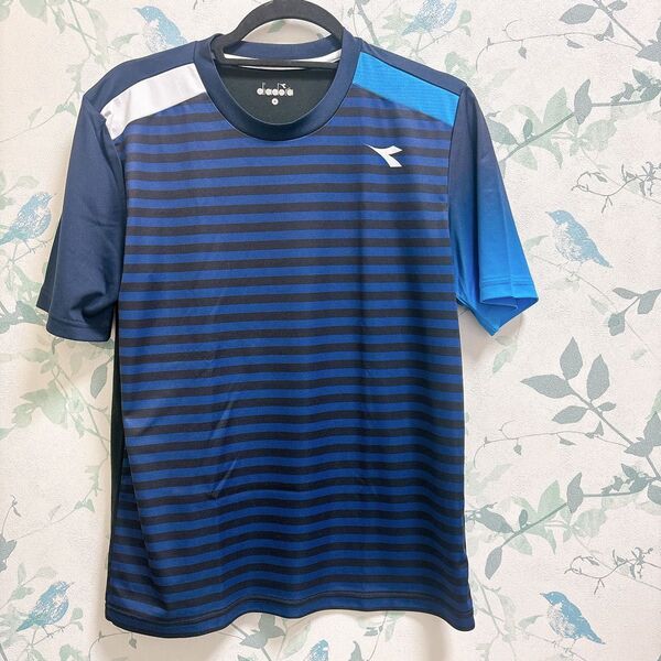 diadora メンズ テニスTシャツ M ネイビーボーダー