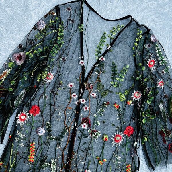新品 花柄刺繍 シアーカーディガン 黒 M 定価1.2