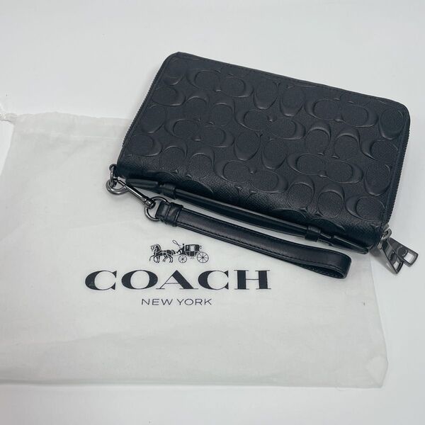 【希少】コーチ 長財布 オーガナイザー Wファスナー シグネチャー レザー 黒 COACH ギフト ジップ