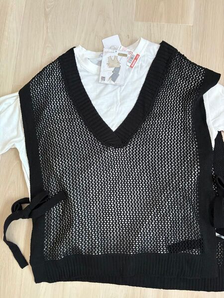 メッシュベスト レディース トップス 黒 ノースリーブ 春夏 ベストと白TシャツLサイズ新品