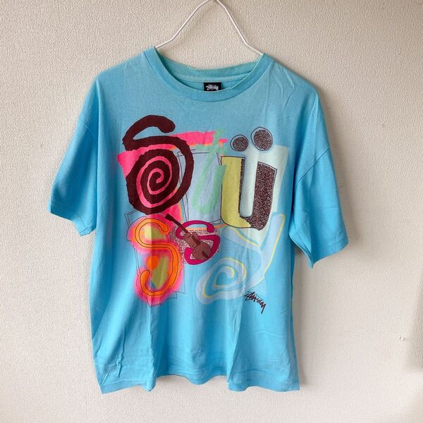 激レア 90s OLD STSSY オールド ステューシー アートTシャツ ヴィンテージ 青 Lサイズ 古着 USA製