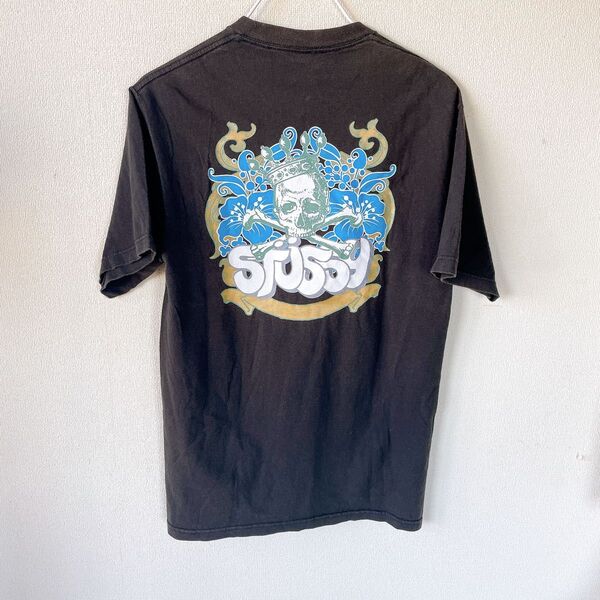00s OLD Stussy オールド ステューシー ハイビスカス 王冠 スカル ブラック Tシャツ M 半袖 ビンテージ