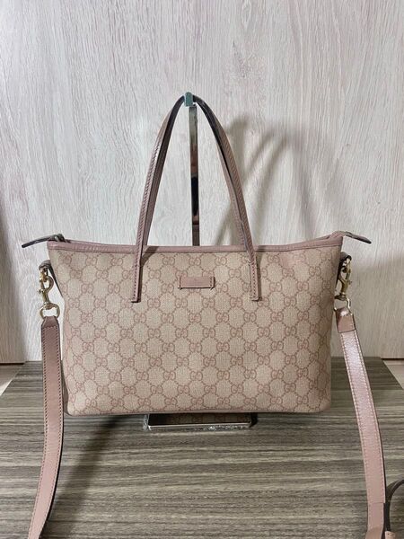 GUCCI ショルダーバッグ 2way トート GG柄 レザー PVC ピンク