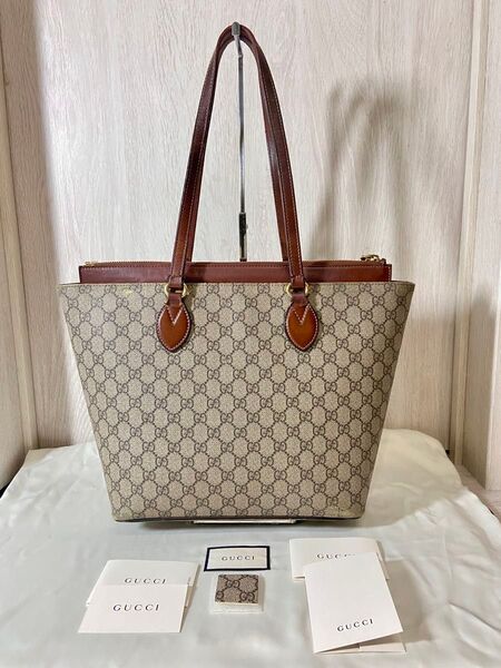 GUCCI トートバッグ GG柄 レザー PVC スプリーム ベージュ 肩掛け ブラウン