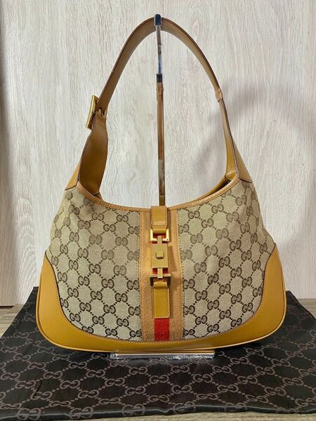 GUCCI ショルダーバッグ ジャッキー シェリーライン GG キャンバス ハンドバッグ レザー ベージュ 肩掛け