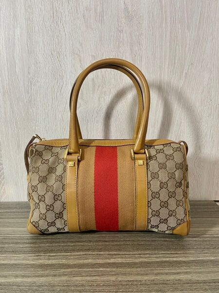 GUCCI トートバッグ ミニボストン シェリーライン GG キャンバス レザー ベージュ