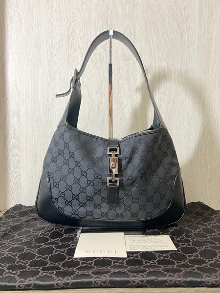 GUCCI ショルダーバッグ ジャッキー GG柄 キャンバス レザー 黒 ハンドバッグ 肩掛け
