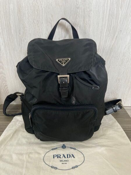 PRADA リュック バックパック ナイロン 三角ロゴプレート レザー ブラック 巾着型