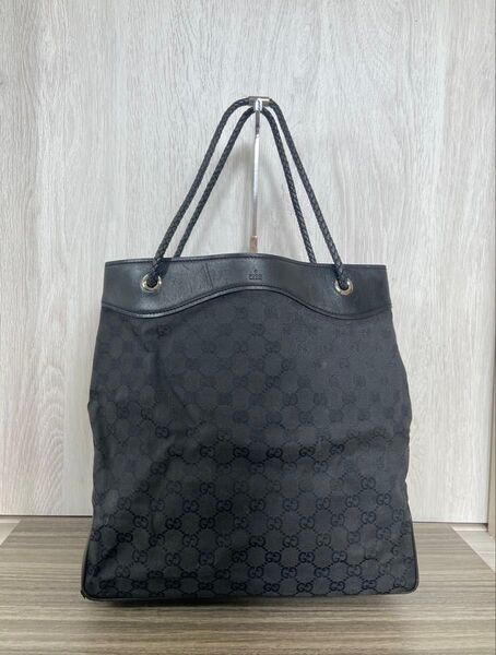 GUCCI トートバッグ GG柄 キャンバス レザー 編み込み ブラック 大容量 ハンドバッグ