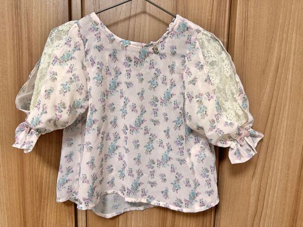 【美品】 メゾピアノ 花柄 シフォン ブラウス レース 七分袖 100 ピンク 女の子 春夏