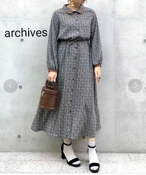 SALE!美品 アルシーヴ archives 長袖シャツワンピース 花柄 レトロ ワンピース ロング M