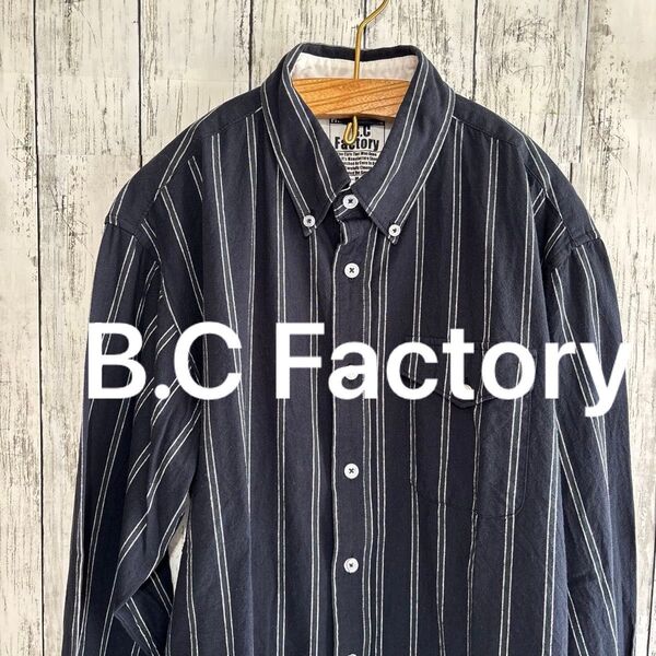 即日発送 B.C Factory 長袖シャツ ストライプ Mサイズ 綿100% ボタンダウン アウトドア タウン