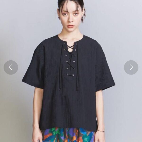 美品 BEAUTY&YOUTH UNITED ARROWSレースアップ 半袖 トップス 黒ユナイテッドアローズ