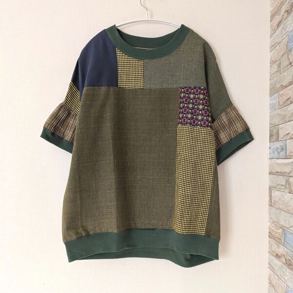 パッチワーク風トップス 半袖Tシャツ プルオーバー