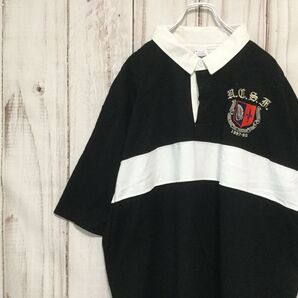 【チャンピオン 半袖ラガーシャツ 5L】 超ビッグサイズ 袖ロゴ エンブレム 4XL 黒 古着