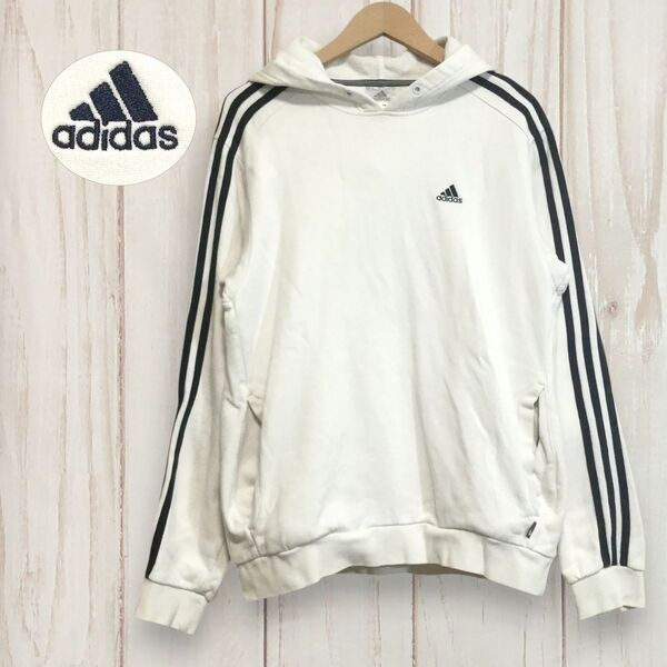 【アディダス 長袖ロゴ刺繍パーカー】スリーライン 裏起毛 プルオーバー M 白 adidas 古着