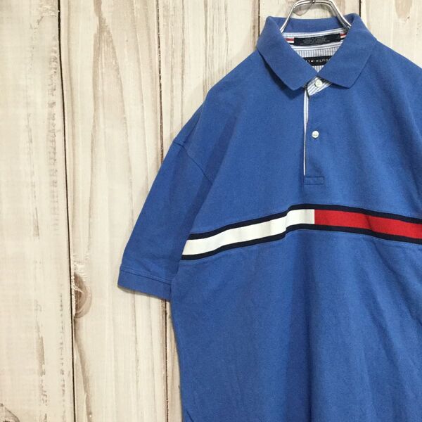 【トミーヒルフィガー 半袖ポロシャツ】定番 ビッグロゴ 海外サイズ 替えボタン 2XL相当 青 TOMMY HILFIGER 古着