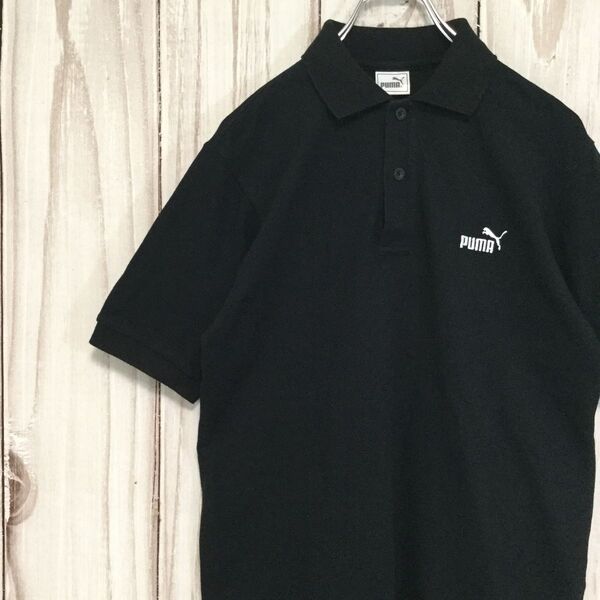 【美品 90s プーマ 半袖ポロシャツ】ヒットユニオン 日本製 ハーフボタン M 黒 PUMA 古着