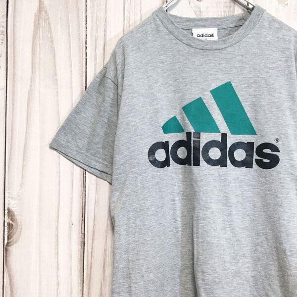 【アディダス 半袖ビッグロゴTシャツ】パフォーマンスロゴ M グレー adidas 古着