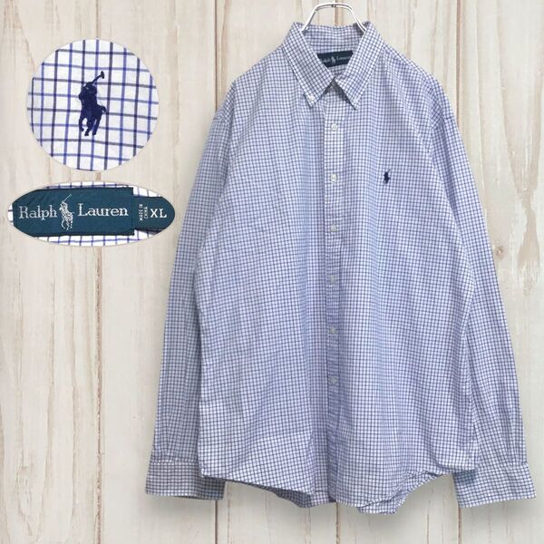 【ポロラルフローレン ロゴ刺繍 長袖シャツ】 ビッグサイズ チェック XL 白 青 POLO RALPH LAUREN 古着