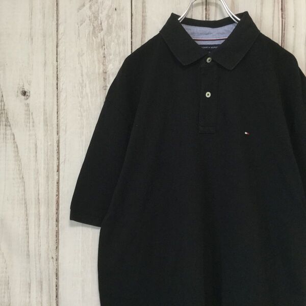 【トミーヒルフィガー 半袖ロゴ刺繍ポロシャツ】美品 海外サイズ 2XL相当 黒 TOMMY HILFIGER 古着