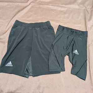 【新品未着用】adidas ハーフパンツ+インナーパンツ セット グリーン系 S