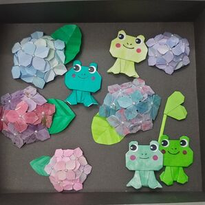 ◆折り紙◆ ハンドメイド★壁飾り★6月★梅雨★アジサイとカエル