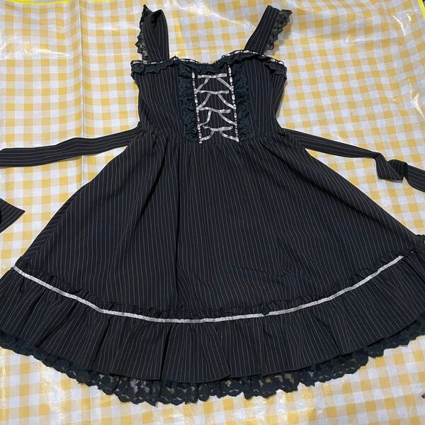 axes femme 黒白ストライプJSK リボン×レース ワンピース ロリータ