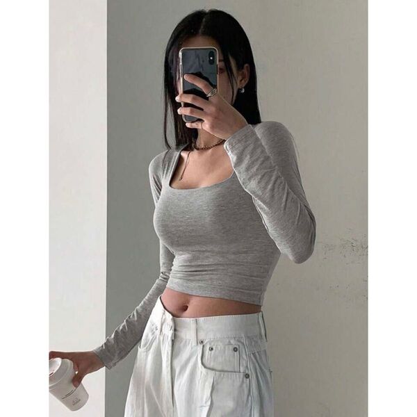 グレー スクエアネック リブ トップス ロングT クロップド 長袖 tシャツ