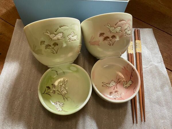 ペア 茶碗 小鉢 箸セット うさぎ