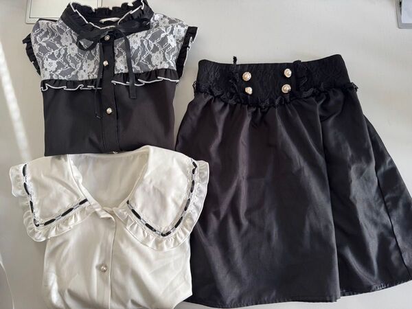 地雷系 量産型 トップス 半袖、スカート 3点セット M (女の子 150〜160)