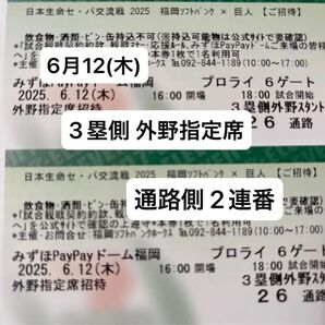 【通路側】6/12(木)ソフトバンクvs巨人 3塁側 外野指定席 通路側 2連番 PayPayドーム