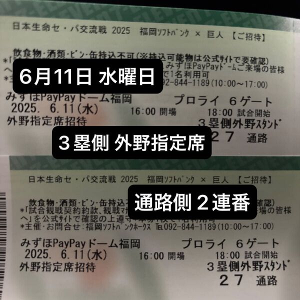 【通路側】6/11(水)ソフトバンクvs巨人 3塁側 外野指定席 通路側 2連番 PayPayドーム