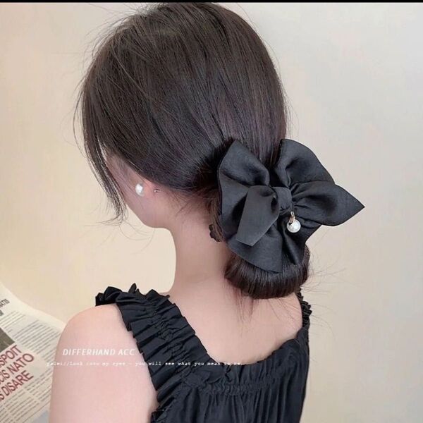 ヘアクリップ 韓国 パール ヘアアクセサリー クリップ リボン フラワー 花 ヘアゴム シュシュ ブラック 訳有り