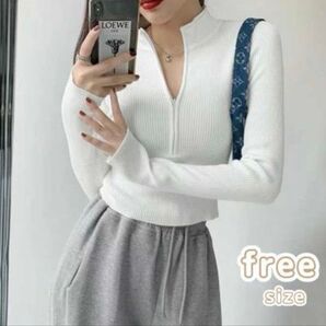 長袖ニット リブ 伸縮 ニットプルオーバー ショート丈 ホワイト 白 長袖 春 夏 コーデ 韓国 ダンス ファスナー 細見え
